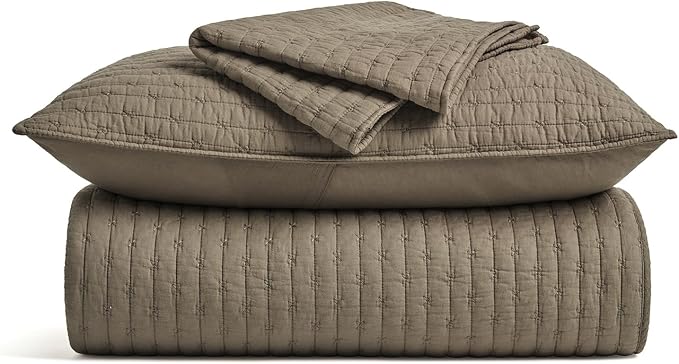 EVERGRACEHOME Cross Stitch Pre-Washed Cotton Quilt Bedding Set King Size, Oversized 3 Pieces Lightweight Bedspread Coverlet for All Season, with 2 Matching Shams, Mocha Brown Updated,108"x96"