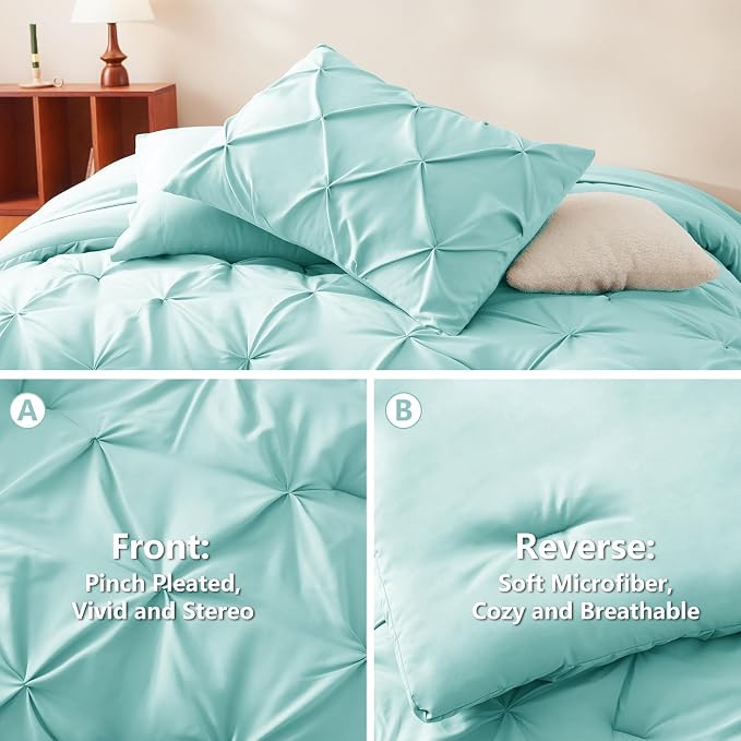King Size Comforter Set Spa Blue, 7 Pieces Pintuck Bed in a Bag | OEKO-TEX 100 Certified, 240GSM All Season, Bedroom, Guest Room, Down-Alternative Comforter, Sheets, Pillowcases & Shams