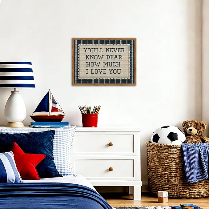 Framed You'll Never Know Dear How Much I Love You Wall Art, Vintage Nursery Blue Striped Pictures Wall Decor, Inspirational Quote Paintings Canvas Prints for Baby Boy Bedroom Living Room 12x16 inch