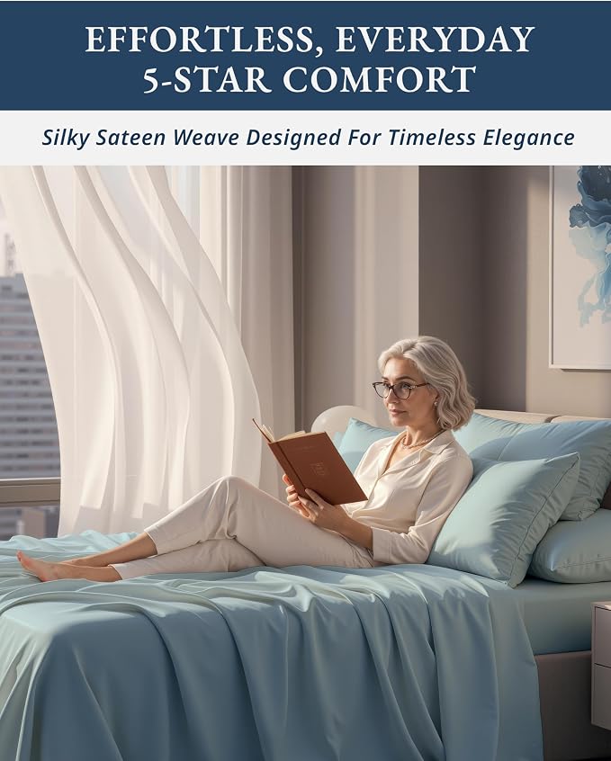 LANE LINEN King Sheets 100% Egyptian Cotton Sateen - French Blue | Cooling Sheets King Size - 4-Piece Set, For A Luxurious Night's Sleep, For A Silky Hotel-Style Bed, Luxe Sheen,