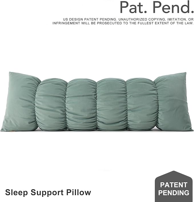 Pat. Pend. Segmented Body Pillow for Side Sleepers, 47 Inch, Green | Full body pillow for adults with a removable, washable soft velvet cover; long bed pillow design for side sleeping.