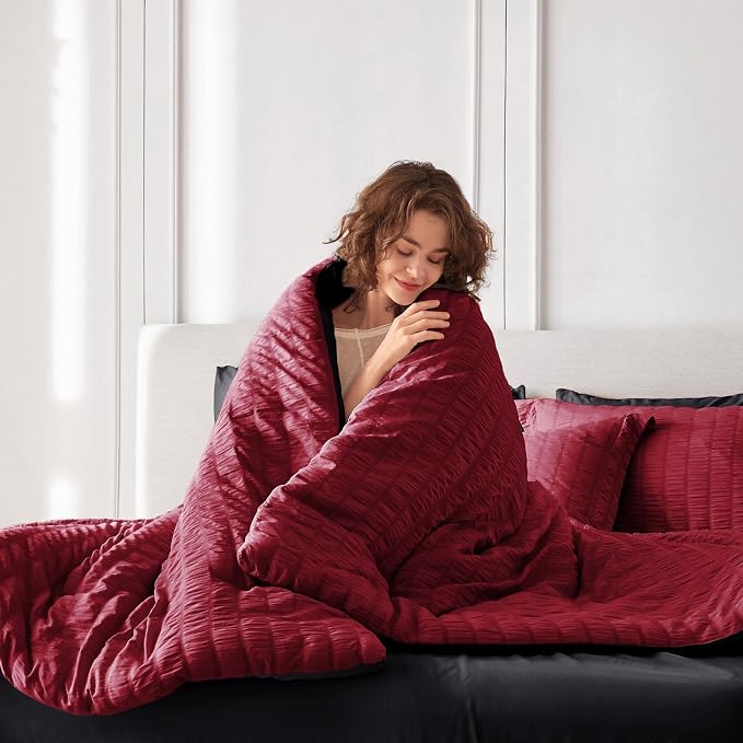 5 Pieces Twin Comforter Set, Seersucker Bed in a Bag Twin Size, All Season Luxury Bedding Set with Comforter, Flat Sheet, Fitted Sheet, Pillowcase & Sham, Red & Black