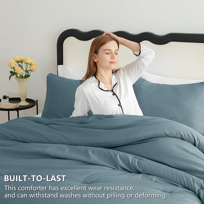 Queen Comforter Set, 3 Pieces Down Alternative Bedding Mineral Blue | 270 GSM All Season Comforter with 4 Corner Ties for Use as a Duvet Insert, OEKO-TEX Certified, 2 Pillowcases, 88 x 88 in