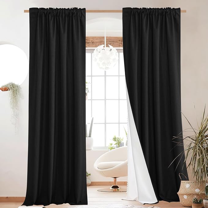 NICETOWN Vintage Rod Pocket 100% Blackout Curtains 84" Long for Dining Room | Flax Thermal Insulated & Soundproof Window Treatment Drapes for Hall Room, Black, 52" Wide Per Panel, Set of 2