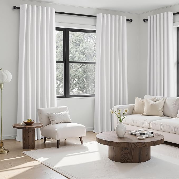 92 inch long Linen blackout Curtains 2 Panels for sliding room 100% Black out Linen texture Curtain Beige White Window Drapes with Back Tab Rod Pocket Pinch Pleated Thermal Insulated Panel for Bedroom