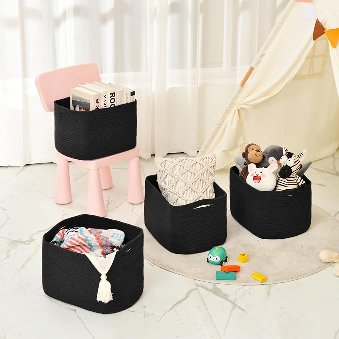 ICERZCZ Storage Baskets for Organizing & Shelves, Woven Cotton Rope Organization Bins for Dog Toys, Clothes, Books, Nursery Organizer, 15"Lx11''Wx9.5''H, (4 Packs) Black