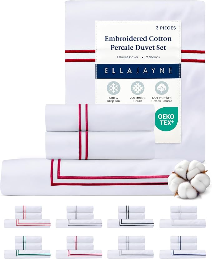 Ella Jayne Duvet Cover Queen 100% Cotton Percale Soft Set Red Design 3 Pcs | Queen Duvet Cover | Soft Cotton Percale | 90 x 90 Inch Cover | Includes 2 Matching Pillow Shams | Red Design
