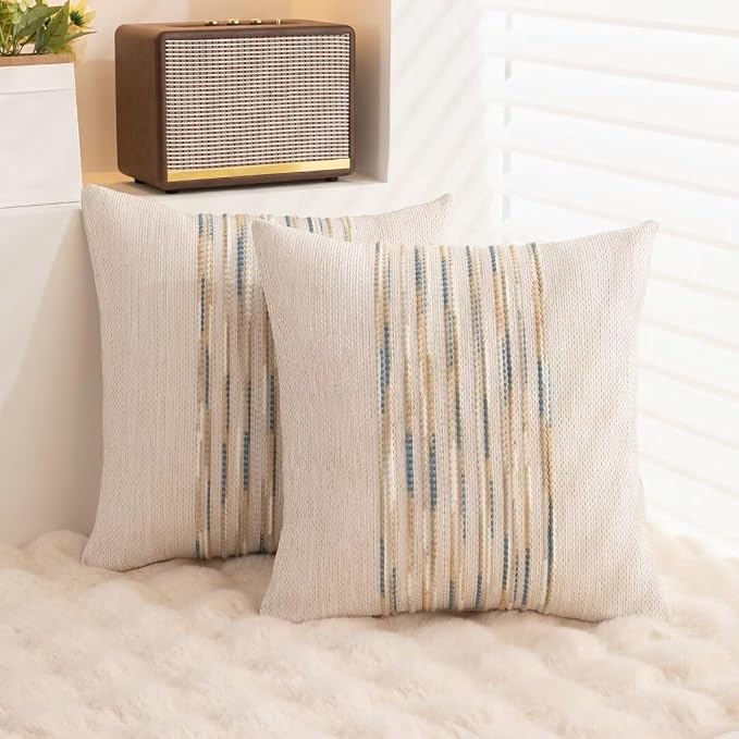 Boho Throw Pillow Covers Decorative Neutral Farmhouse Pillow case | 18x18 Set of 2 Cushion Case Striped Square Pillows Cover Couch Pillow Cases Accent Pillowcase for Sofa Bed,Yellow Blue