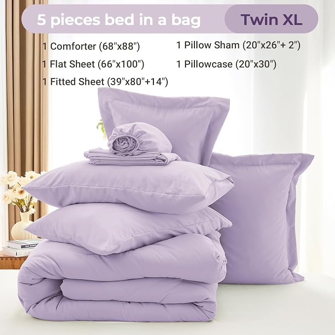 5 Pieces Twin XL Comforter Set, Soft Bed in a Bag Twin XL Size, All Season Bedding Set with Comforter, Flat Sheet, Fitted Sheet, Pillowcases & Shams, Lavender