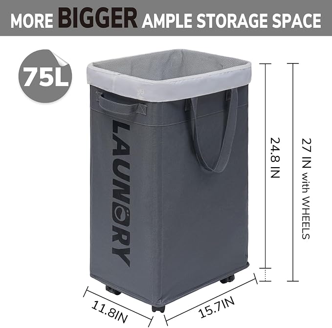 Goodpick 75L Laundry Basket with Wheels & Removable Wash Bag for Dorm | Rolling Laundry Basket with Handles for Dirty Clothes, Fodable Hamper for Laundry Room, Dorm Room Essentials, Grey