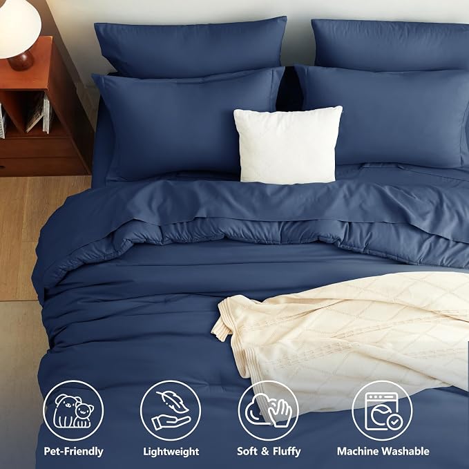Oversized King Comforter Set Navy, 7 Pieces Bed in a Bag | OEKO-TEX Certified, All-Season, Bedroom, 240GSM Down Alternative Comforter, Flat & Fitted Sheets, 2 Pillowcases & 2 Shams