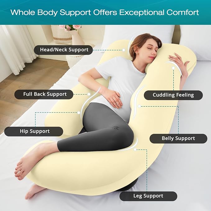 Cooling Pregnancy Pillows for Sleeping, 57'' Full Body Pillow, Light Yellow | Sasttie Maternity Pillow, OEKO-TEX, Down Alternative, Removable Cover, Pregnant Women Must Haves, Maternity Essential