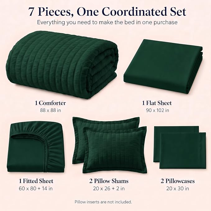 Queen Comforter Set, 7 Pieces Emerald Green Seersucker Bed in a Bag | OEKO-TEX Certified, All Season Bedding Set with 240 GSM Down Alternative Comforter, Flat & Fitted Sheets, Pillowcases & Shams