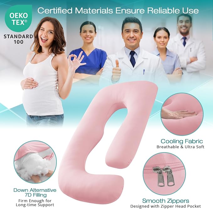 Cooling Pregnancy Pillows for Sleeping, 57'' Full Body Pillow, Light Pink | Sasttie Maternity Pillow, OEKO-TEX, Down Alternative, Removable Cover, Pregnant Women Must Haves, Maternity Essential