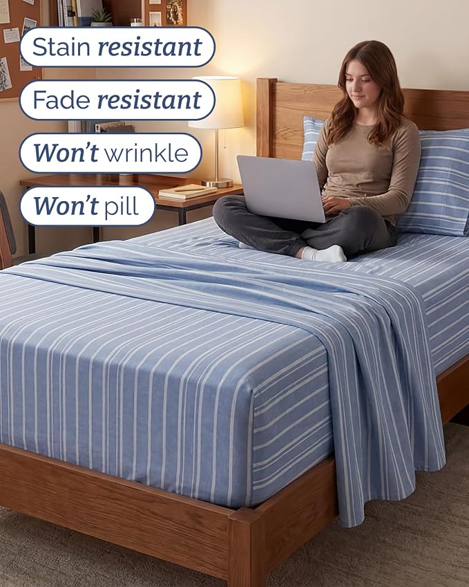 Extra Deep Twin XL Sheet Set - 3 Piece College Dorm Room - Blue Stripes | Soft, Breathable & Cooling, Easily Fits 18 to 24 inch Mattress, Wrinkle Free & Fade Resistant with Extra Deep Pockets