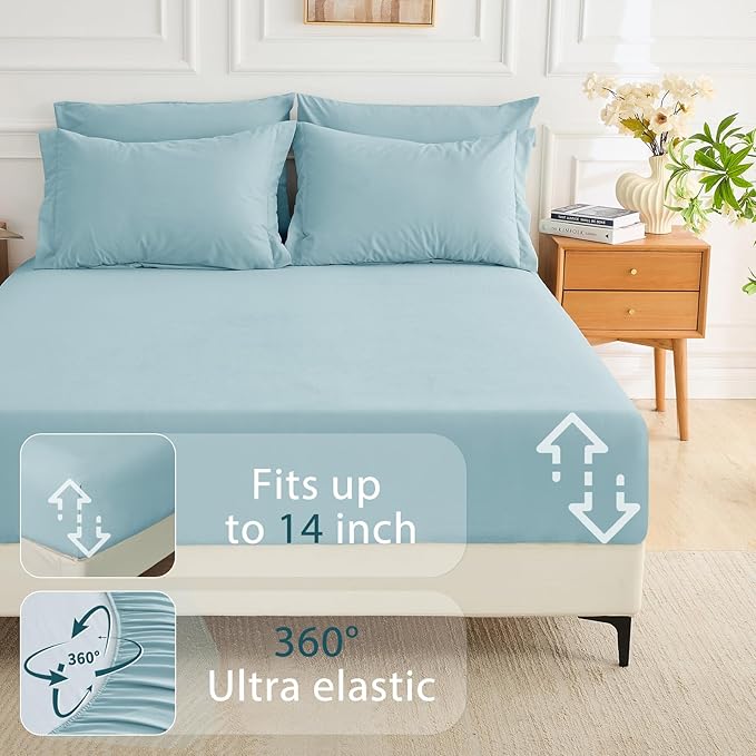 7 Pieces Queen Comforter Set, Soft Bed in a Bag Queen Size, All Season Bedding Set with Comforter, Flat Sheet, Fitted Sheet, Pillowcases & Shams, Lake Blue