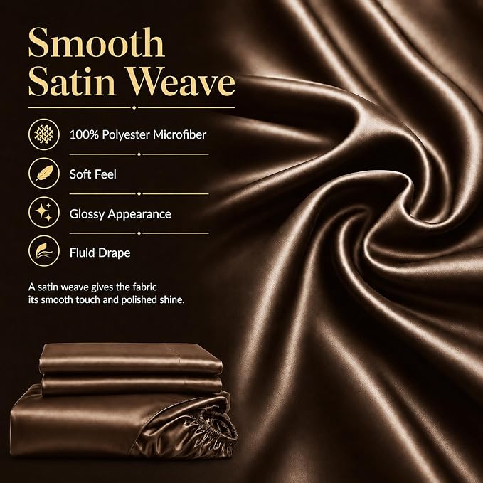 CozyLux Satin Sheets Full, 6-Piece 14-Inch Deep Pocket Sheet Set | OEKO-TEX Certified Silky Soft Sheet Set for Hair & Skin, Luxurious Silky-Smooth Satin for Elegant Bedroom Decor, Brown