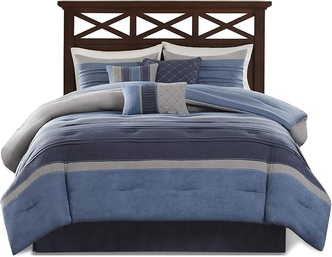 Madison Park Casual Modern Comforter Set, 7PC Queen Bedding Set | All Season Bedding with Comforter, Matching Bed Skirt, Decorative Pillows, Shams, Navy