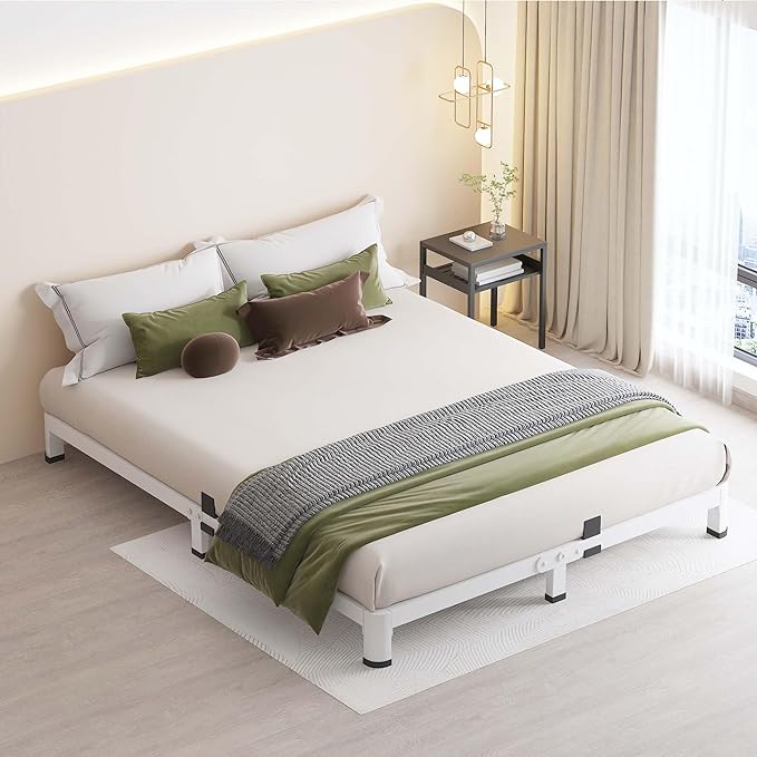 MAF 4 Inch King Metal Platform Bed Frame White with Round Corner Legs | Mattress Slide Stopper, 3000 LBS Heavy Duty Steel Slats Support, Noise Free, No Box Spring Needed, Easy Assembly, Anti-Slip