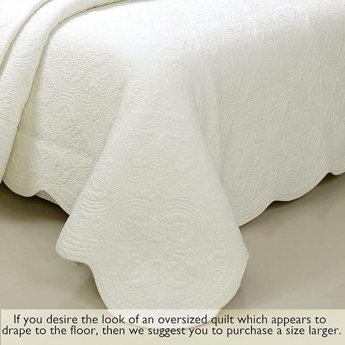 Cozy Line Home Fashions Cotton Quilt Set Twin – 2-Piece Ivory Matelasse Quilted Medallion Bedspread, Lightweight All Season Coverlet