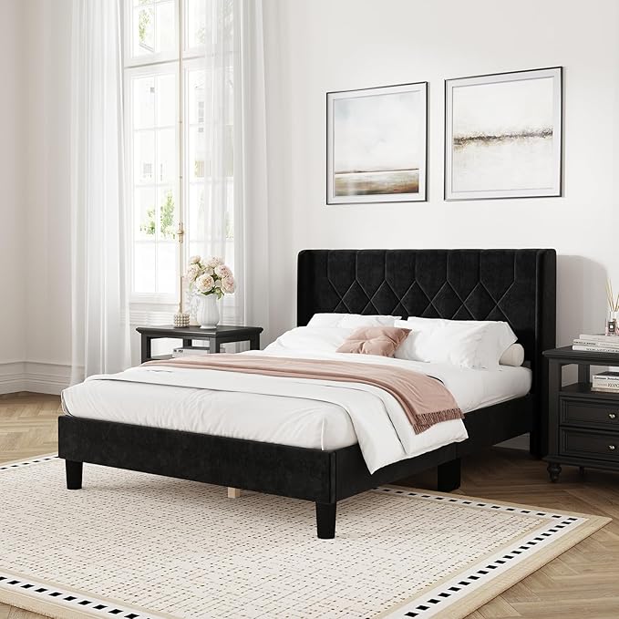 Novilla Full Size Bed Frame, Full Bed Frame with Headboard, Velvet Upholstered Pull-Point Wingback Headboard, No Box Spring Needed, Heavy Duty Feet, Easy Assembly, Black Velvet