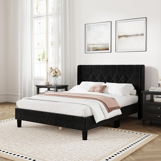 Novilla Queen Size Bed Frame, Queen Bed Frame with Headboard, Velvet Upholstered Pull-Point Wingback Headboard, No Box Spring Needed, Heavy Duty Feet, Easy Assembly, Black Velvet