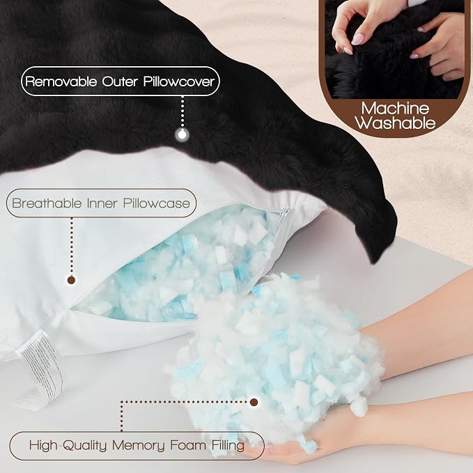 YZ HOME Faux Fur Fluffy Body Pillow for Adults, Soft Support | Firm Body Pillow, Adjustable Support for Side Sleeping, Pregnant Women, Washable cover,Gifts, 20x54 Inch (Black)