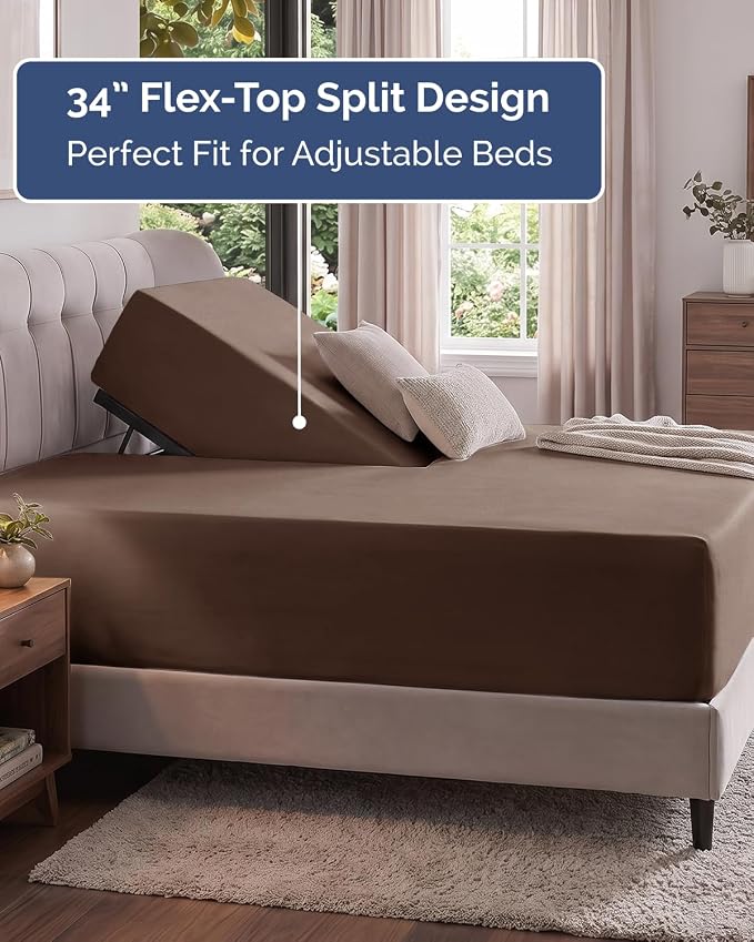 Extra Deep Flex Top Split Head King Fitted Sheet Only - Brown | Easily Fits 18 inch to 24 inch Mattress, Soft, Wrinkle Free, Breathable & Comfy, Extra Deep Pockets Hotel Luxury Fitted Sheet