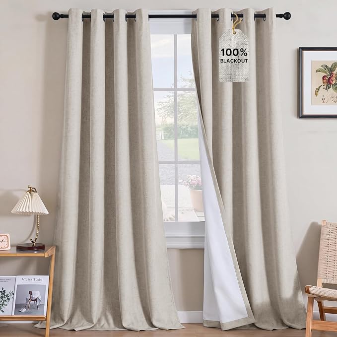 H.VERSAILTEX Linen Curtains 100% Blackout Curtains for Bedroom 120 inch Long Full Light Blocking Nature Linen Blended Window Curtains for Living Room Nickel Grommet (2 Panels, Heathered Linen)