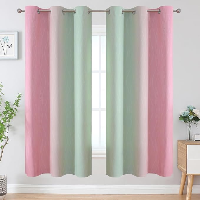 Sage Green and Pink Ombre Blackout Curtains for Bedroom | Room Darkening Curtains 72 Inch Long for Living Room,Thermal Insulated,Light Blocking Grommet Window Drapes,42Wx72L,2 Panels