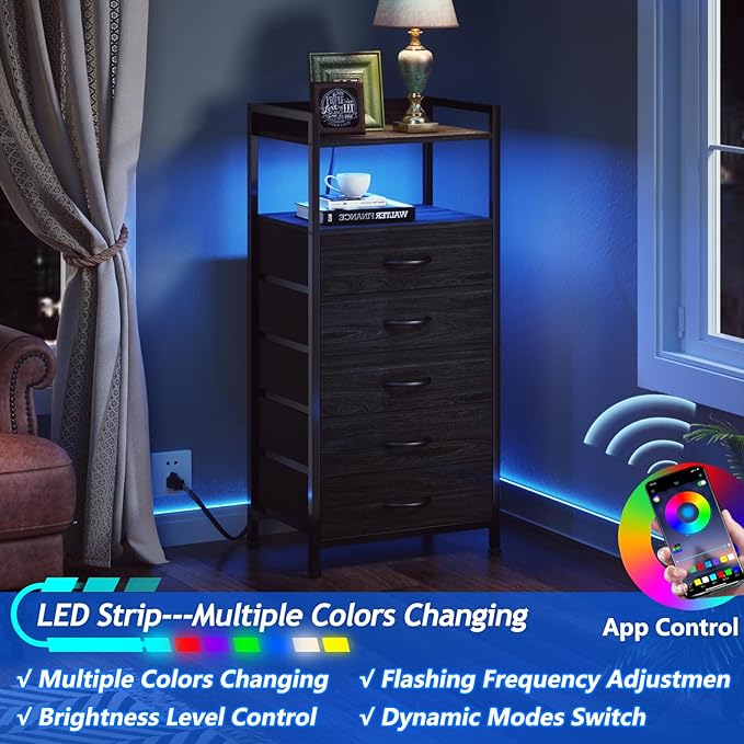 Furnulem Nightstand with Charging Station,LED,5 Drawers Dresser for Bedroom | Tall Bedside Table,Dorm Night stand with LED Light & Remote Control, Metal Frame and Fabric Bins,Wood Desk Top,Easy Assemble