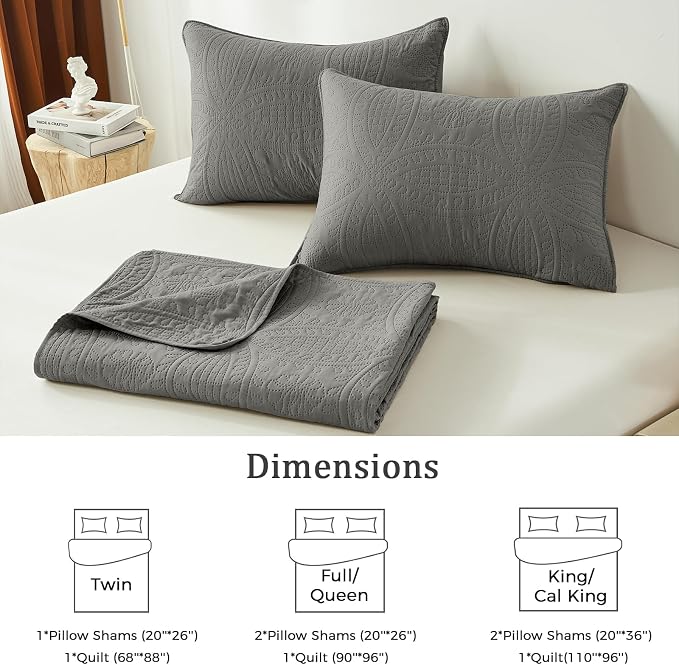 akkialla Dark Grey Full/Queen Quilt Set, Ultrasonic Lightweight Bedspread Coverlet for Modern Minimalist Bedroom, Soft Microfiber Coin Pattern Bedding, 3-Piece (1 Quilt, 2 Pillow Shams) | Breathable fabric