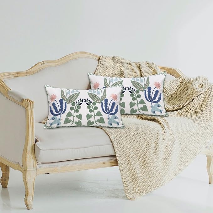 Pack of 2 Embroidered Decorative Throw Pillow Cover 18x18 Inch Farmhouse Floral Pillowcase for Living Room Sofa Bed (Bird Flower-Waist)