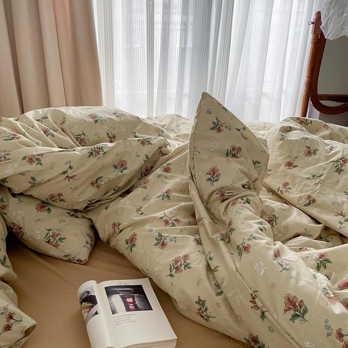 mixinni Vintage Floral Duvet Cover Queen Size - 3 Piece 100% Cotton Cottagecore Red Flowers & Green Leaves Bedding, Soft Botanical Comforter Cover & Pillowcases, Aesthetic Spring Bed Set for Girls