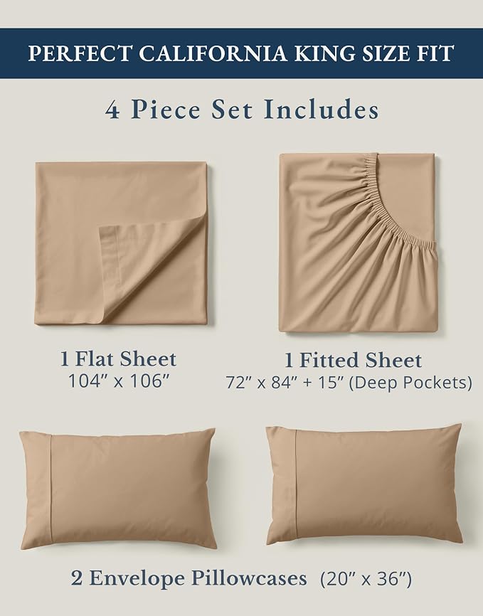 LANE LINEN Cal King Sheet Set 100% Organic Cotton Soft 4pc Percale - Taupe | Cal King Sheets In GOTS Certified Organic Cotton Percale - Crisp Cool Percale Weave, Great For Gifting, For Hot Sleepers