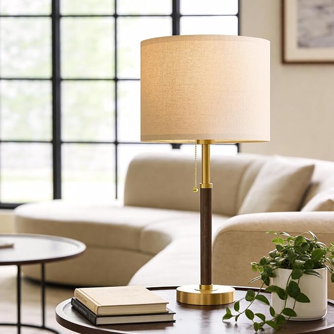 Wood Table Lamps 22" Mid Century Modern Lamps for Bedroom Living Room Lamps | Pull Chain Lamps Set of 2, Walnut Mcm Bedside Lamps for Night Stands, Vintage Small Side Table Lamps Buffet Nursery Decor