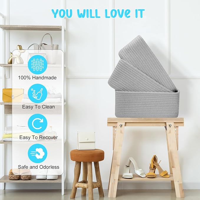 3 Pack Small Storage Baskets for Organizing, 11.8×7.8×5.1", Grey | Woven Baskets for shelves, Cotton Rope Basket for Gifts Empty, Closet Organizer Bins with Handles, Cube Decorative Box