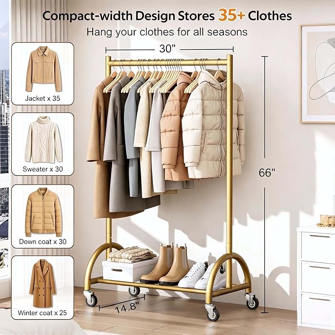 MISSLO Heavy Duty Clothing Rack with Wheels Rolling Clothes Racks for Hanging Clothes, Coats, Garment, Dress, Gold, 30" W