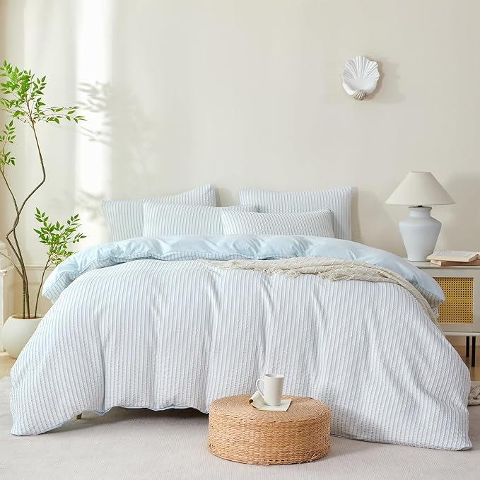 Comforter Queen Set Light Blue Striped Soft Luxury Washed Microfiber Jacquard 3 Pieces Bedding, White Light Blue Vertical Ticking Stripes Comforter with 2 Pillowcases Breathable Durable Comfy