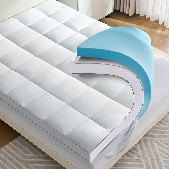 4 lnch Dual Layer Mattress Topper Full Size, 2 Inch Cooling Gel Memory Foam and 2 Inch Soft Pillow Top Mattress Pad Cover for Back Pain, with Elastic Deep Pocket