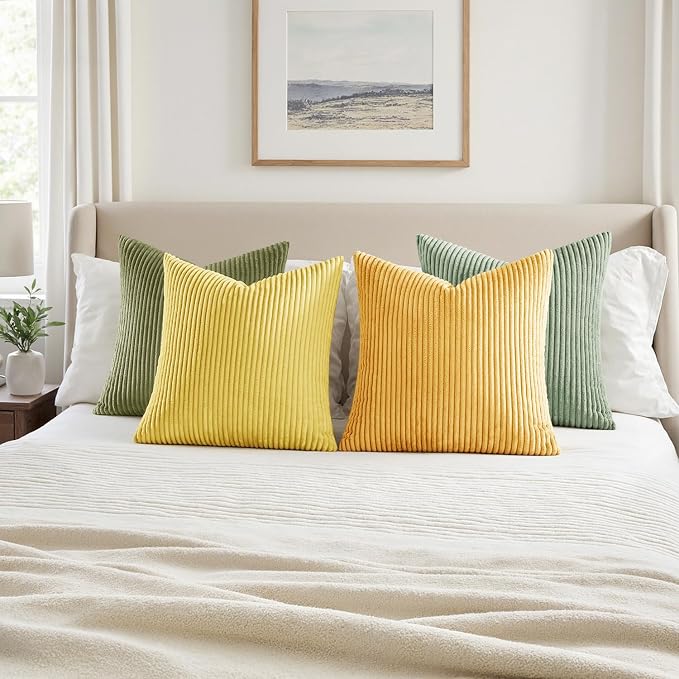 MIULEE Soft Corduroy Decorative Throw Pillow Covers Yellow Green 18x18 | Set of 4, Mordern Nordic Decor, Lime Lemon Green Set, Boho Farmhouse Cushion Covers for Couch Bed Sofa Living Room