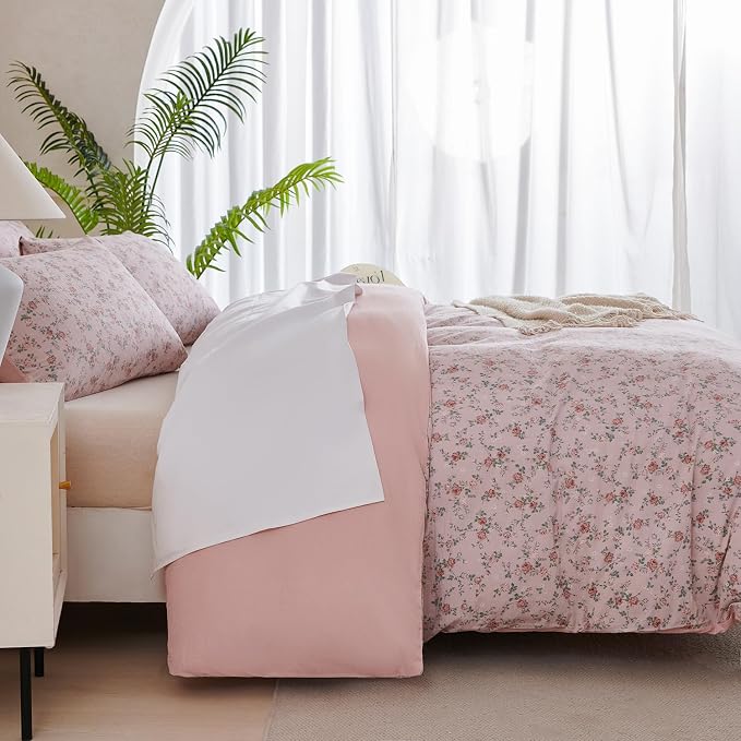 Floral Comforter Set King 3 Pieces Soft Chic Crinkle Gauze Fabric Garden Style Pink Flower Print Botanical Comforter for All Seasons Luxury Warmth Comfy Breathable with 2 Pillowcases