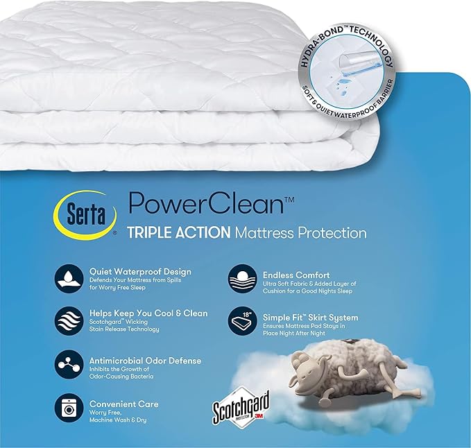 Serta Power Clean Triple Action Waterproof Mattress Pad, California King | Triple-action waterproof protection with moisture-wicking fabric and a soft quilted top, fits mattresses up to 15 inches