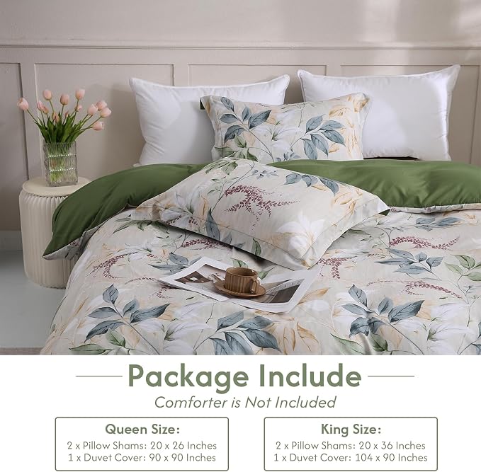 LONAVA King Botaincal 3 Pcs Duvet Cover Set, Breathable Soft Microfiber Forest Green Lining Comforter Cover with Zipper Closure, and 2 Anti-Pilling, Fade Resistant Pillowcases, Lavender