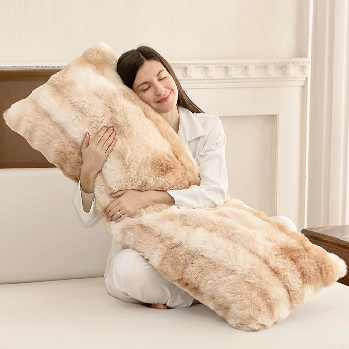 ZonLi Fluffy Body Pillow for Adults, Fuzzy Faux Fur Long Pillow with Shredded Memory Foam, Adjustable Support for Side Sleepers, Gifts, 20 x 54 Inch, Light Tan