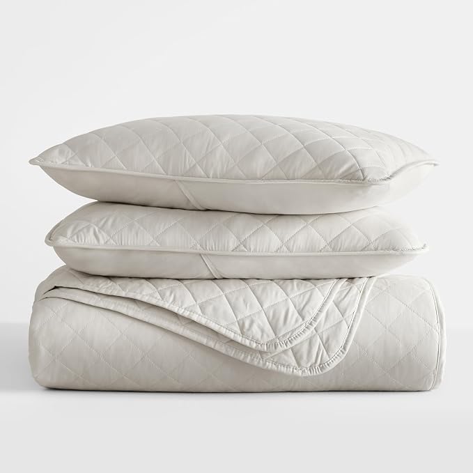 Merit Linens Modern Quilt Coverlet Soft Set in Diamond Stitching - Full/Queen Natural