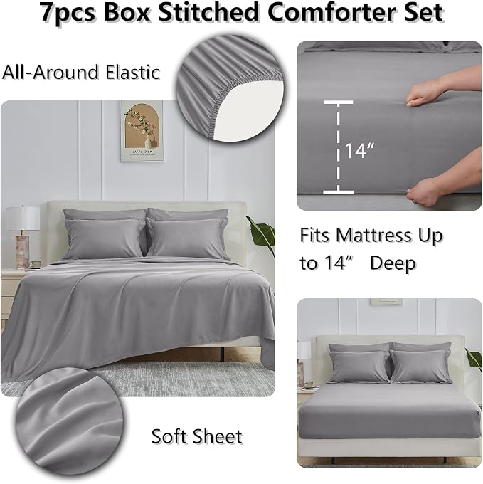 Queen Comforter Set, 7-Piece Bed in a Bag, Grey | OEKO-TEX Certified, Box-Stitched Design, 240 GSM Down Alternative Fill, All-Season Comfort, Sheets, Pillowcases & Shams
