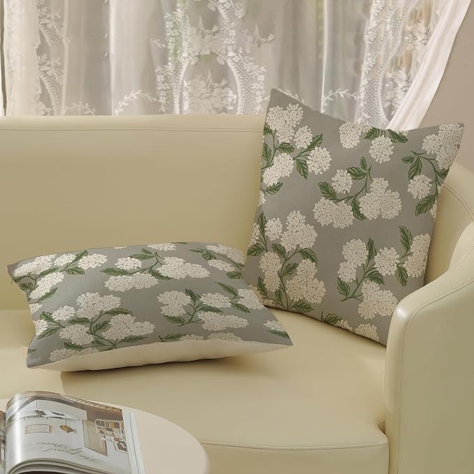 Grey Spring Pillow Covers 20x20 Inch 2 Pcs Gray Green Hydrangea Flower Decor Throw Pillows Vintage Floral Seasonal Summer Outdoor Decoration Pillowcase Linen Cushion Cover for Couch Sofa