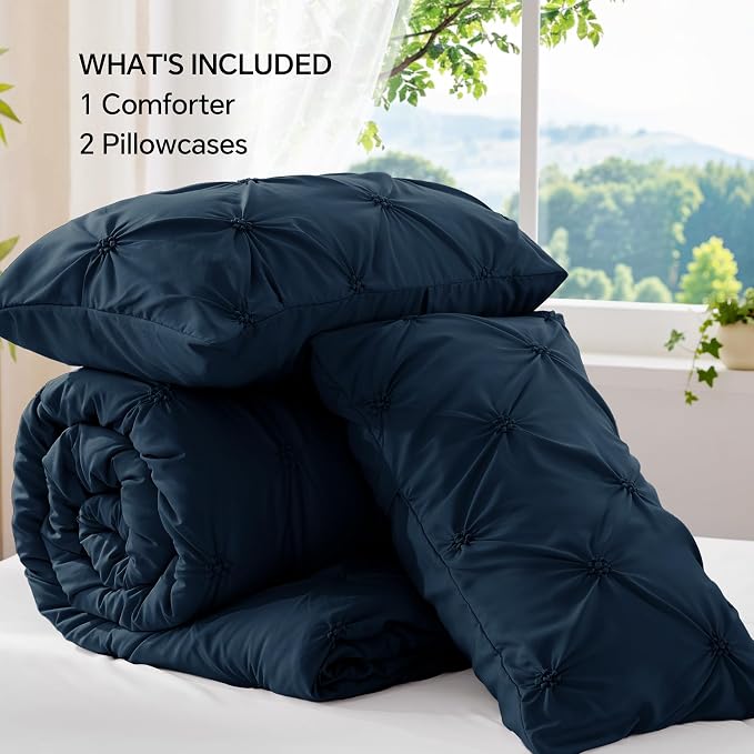BEDELITE Queen Comforter Set Navy,Lightweight & Soft Comforter | Pintuck Boho Bedding, Warm & Cute Bed Set for All Season,With 2 Pillowcases