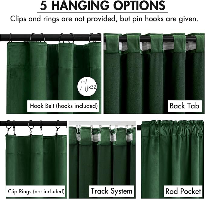 MIULEE Velvet Curtains 50W x 90L 2 Panels Hunter Green Blackout Curtains | Luxury velvet fabric, pinch pleat design, back tab hooks, thermal insulated, blackout light blocking, for living room bedroom